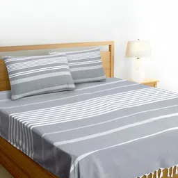 Aura Grey & White Striped Pure Handloom Cotton with Tassels Thick Yarn 180 TC King Bedsheet with 2 Pillow Covers Set-image-39