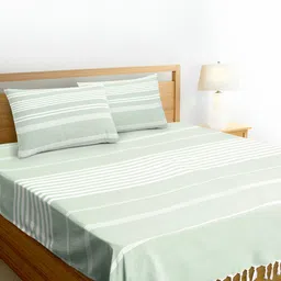 Aura Green & White Striped Pure Handloom Cotton with Tassels Thick Yarn TC King Bedsheet with 2 Pillow Covers Set-picture-58