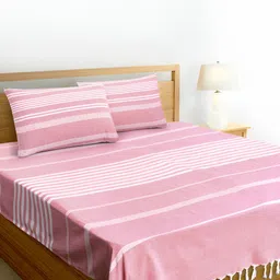 Aura Pink & White Striped Pure Handloom Cotton with Tassels Thick Yarn 180 TC King Bedsheet with 2 Pillow Covers Set-image-93
