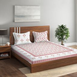 Rajasthan Decor White & Pink Printed Pure Cotton 144 TC King Bedsheet & 2 Pillow Covers-image-58