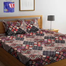 Arrabi Blue & Brown Graphic 300 TC 2 King Bedsheets with 4 Pillow Covers-21