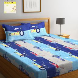 Arrabi Blue & Yellow Graphic 300 TC 2 King Bedsheet with 4 Pillow Covers-image-67