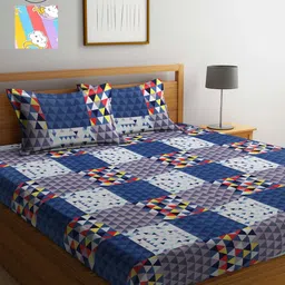 Arrabi Blue & Grey Geometric 300 TC 2 King Bedsheet with 4 Pillow Covers-35