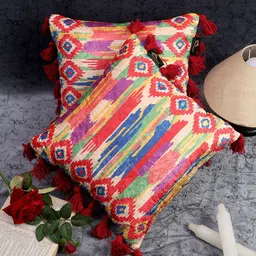HOSTA HOMES Red & Cream-Coloured Geometric Velvet Square Cushion Covers  Set of 2-19