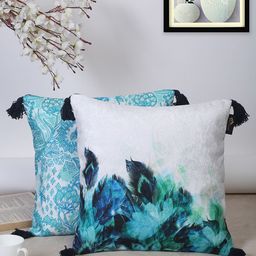 HOSTA HOMES Turquoise Blue & White Set of 2 Ethnic Motifs Velvet Square Cushion Covers-20