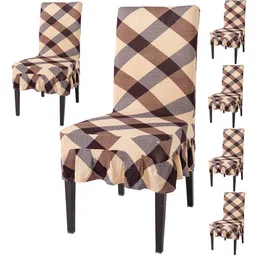 HOKIPO Beige & Brown 6 Pieces Printed Stretchable Frill Chair Covers-8