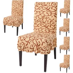 HOKIPO Beige & Brown 6 Pieces Printed Stretchable Frill Chair Covers-7