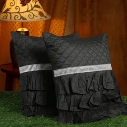 HOSTA HOMES Black & Silver-Toned Set of 2 Quilted Frilled Satin Square Cushion Covers-6
