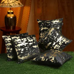 HOSTA HOMES Black & Gold-Toned Set of 5 Geometric Velvet Square Cushion Covers-17