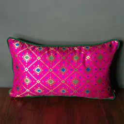 RoyalDeco Pink & Green Ethnic motifs Brocade Square Cushion Cover-image-96