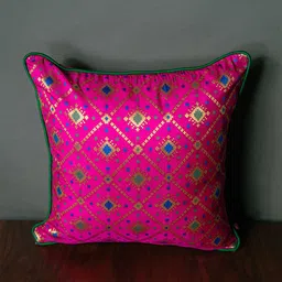 RoyalDeco Pink & Green 2 Pieces Brocade & Zari Geometric Square Cushion Covers-18