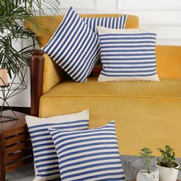 ANWYN Blue & White 5 Pcs Striped Pure Cotton Square Cushion Covers-37