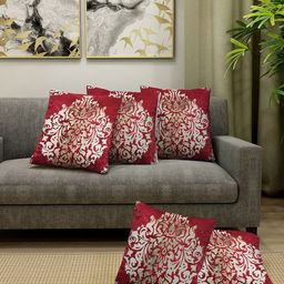 KLOTTHE Maroon & Golden Set of 5 Ethnic Motifs Velvet Square Cushion Covers-26