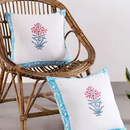 HANDICRAFT PALACE White & Blue 2 Pieces Cotton Floral Square Cushion Covers-image-78