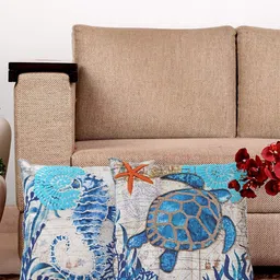 NISRAG HOME Beige and Blue 2 Pieces Embroidered Velvet Aqua Turtle Cushion Covers-image-10