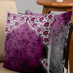 HOUZZCODE Violet & White Set of 2 Floral Square Cushion Covers-38
