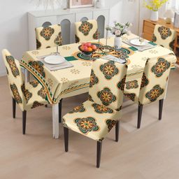 Cortina Cream & Green 7 Pcs Printed Waterproof 1Table Cover With 6 Dining Chair Covers-22