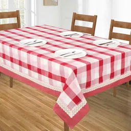 SHADES of LIFE White and Red  Checked Printed 6-Seater Table Covers-19