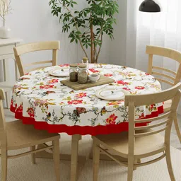 Clasiko White & Red Printed 4 Seater Pure Cotton Table Covers-25