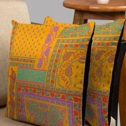 HOUZZCODE Yellow & Red Set of 2 Ethnic Motifs Square Cushion Covers-24