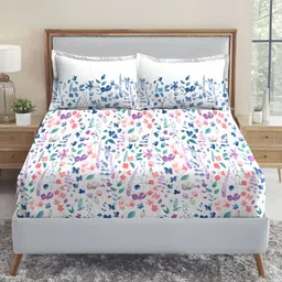 MYTRIDENT White & Blue Floral 210 TC Cotton Fitted King Bedsheet with 2 Pillow Covers-image-99