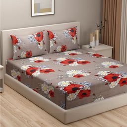 SWAYAM Grey & Red Floral 180 TC King Bedsheet with 2 Pillow Covers-picture-6