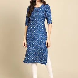 7threads KALINI Women Multicoloured Geometric Printed Block Print Handloom Crepe Kurta image 2