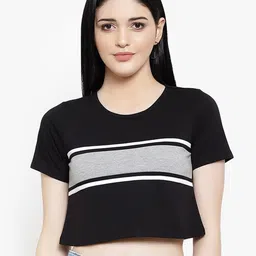 LE BOURGEOIS WomenBlack & Grey Colourblocked Crop Top-image-32