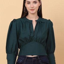 SiaVira Mandarin Collar Puff Sleeve Regular Fit Casual Crop Top-picture-17