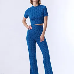 COVER STORY Blue Geometric Printed High Neck Short Sleeves Jacquard Crop Top-image-24