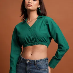 Tokyo Talkies Green Shirt Collar Cuffed Sleeves Fitted Crop Top-image-39