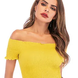 StyleCast Yellow Off Shoulder Smocking Fitted Crop Top-image-23