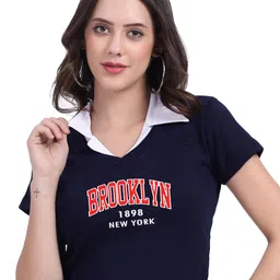 TABADTOD Shirt Collar Short Sleeves Typographic Printed Crop Top-image-93