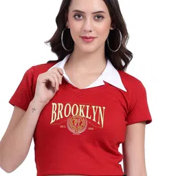 TABADTOD Shirt Collar Short Sleeves Typographic Printed Crop Top-image-76