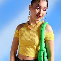Veni Vidi Vici Yellow Self Design Cold-Shoulder Sleeves Crop Top-picture-7