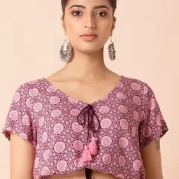 INDYA V-Neck Ethnic Motif Printed Blouson Crop Top-image-35