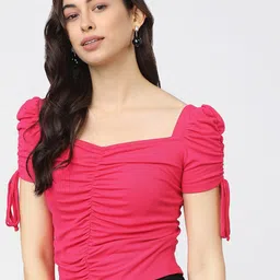 Tokyo Talkies Pink Sweetheart Neck Fitted Crop Top-image-23
