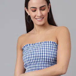 FINSBURY LONDON Blue Checked Smocked Tube Crop Top-image-35