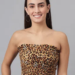 FINSBURY LONDON Brown & Black Animal Smocked Tube Crop Top-image-37