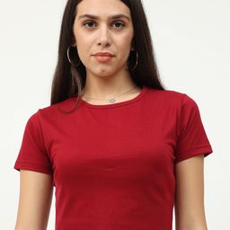 Fleximaa Women Pack of 2 Maroon & Navy Blue Solid Round Neck Crop Pure Cotton Top-image-81