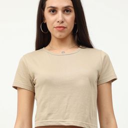 Fleximaa Women Pack of 2 Beige & Black Solid Round Neck Crop Pure Cotton Top-48