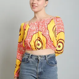 N-Gal Abstract Printed Off-Shoulder Blouson Crop Top-picture-11