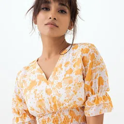 AASK Women White & Orange Floral Print Georgette Blouson Crop Top-image-0