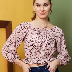Globus Floral Printed Georgette Square Neck  Blouson Crop Casual Top-image-7