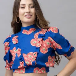 HAUTEQUE Conversational Printed Puff Sleeve Blouson Crop Top-image-33