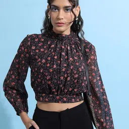 Tokyo Talkies Black Floral Printed High Neck Puffed Sleeves Blouson Crop Top-image-35