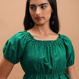 Vishudh Green Self Design Puff Sleeve Schiffli Blouson Crop Top-image-58