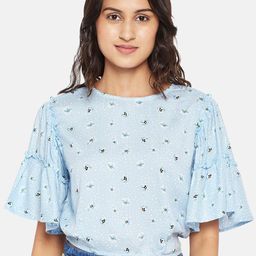 People Women Blue & White Ditsy Printed Flared Sleeves Regular Crop Top-image-101