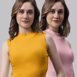 FBAR Pack Of 2 Bio Wash Skin Friendly High Neck Sleeveless Cotton Fitted Crop Top-image-67