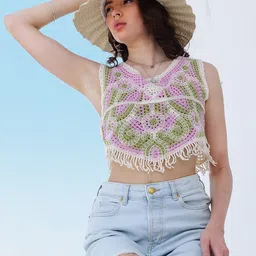 Boho By Athena Self Design Fringed Crochet Cotton Top-59